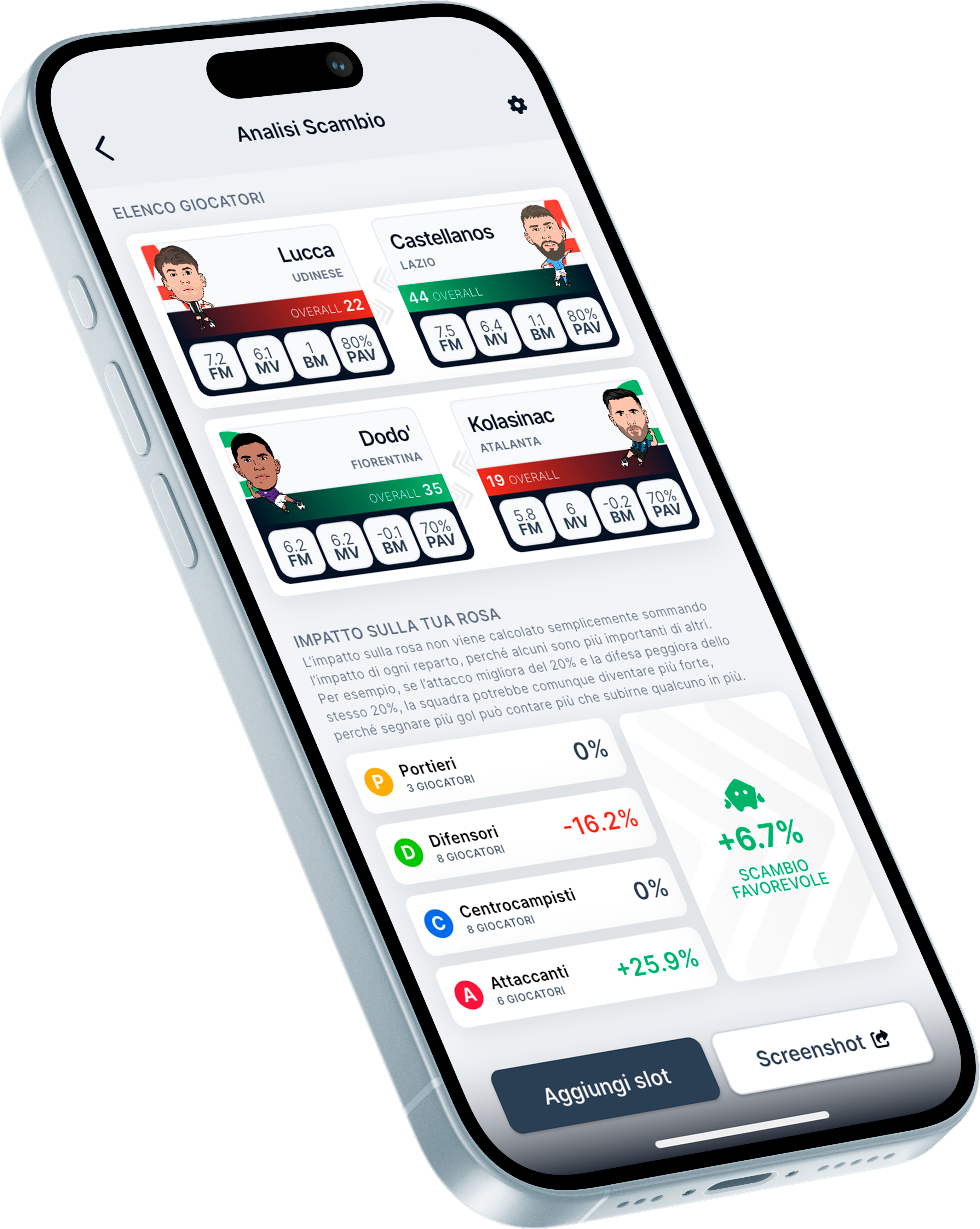 Screenshot valutatore scambi fantacalcio