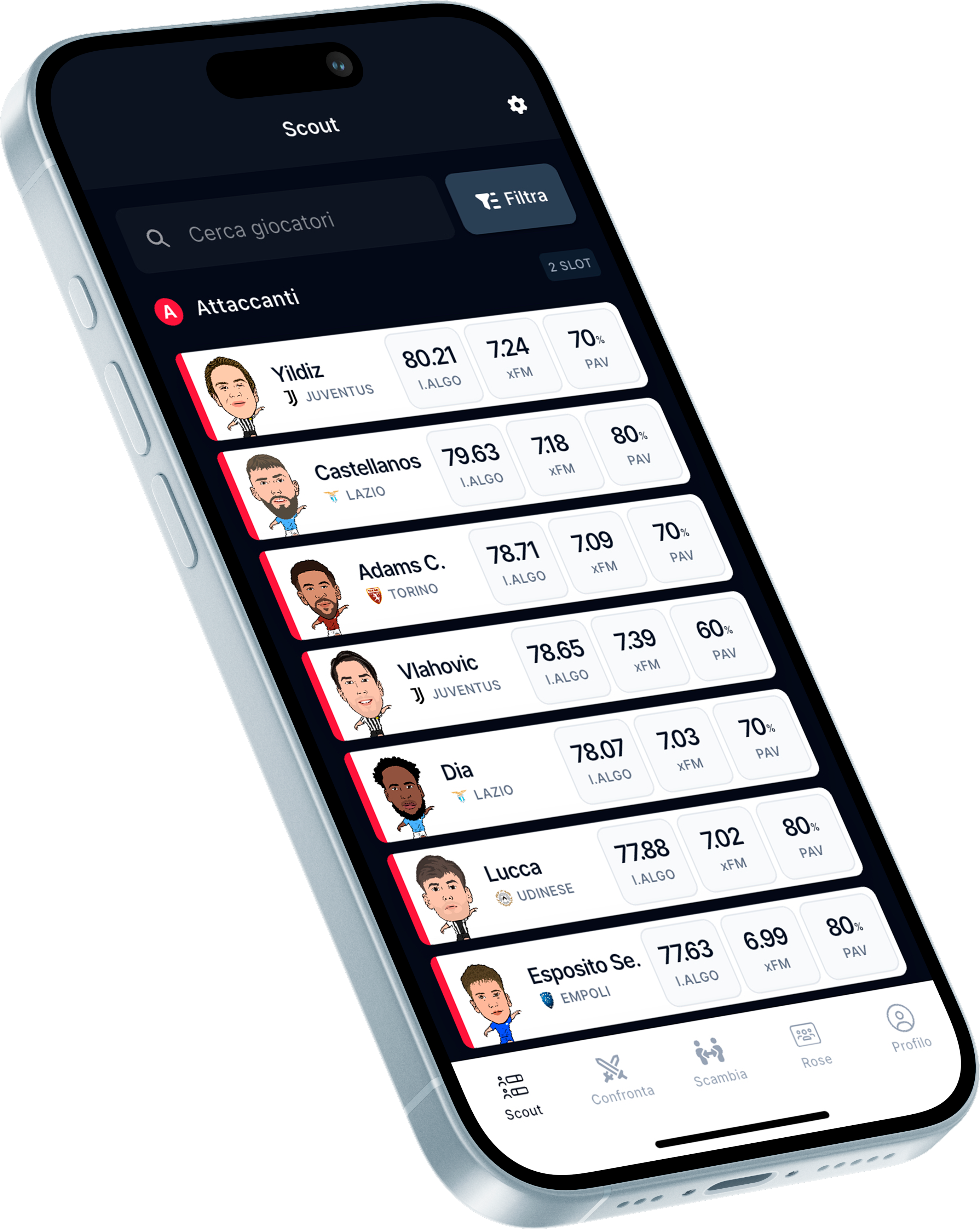Screenshot modalità Scout per costruire la rosa fantacalcio